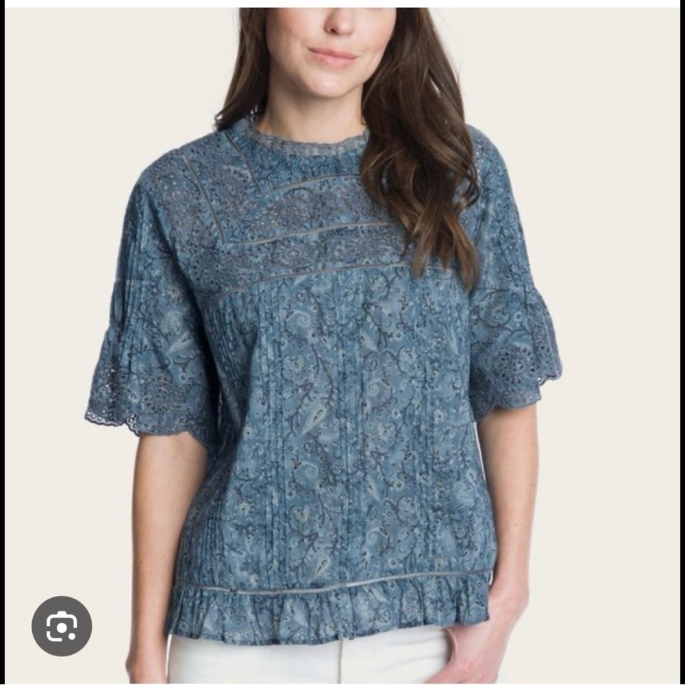 Frye Boho Peasant Eyelet Ruffle Trim Blue Top Size Large.